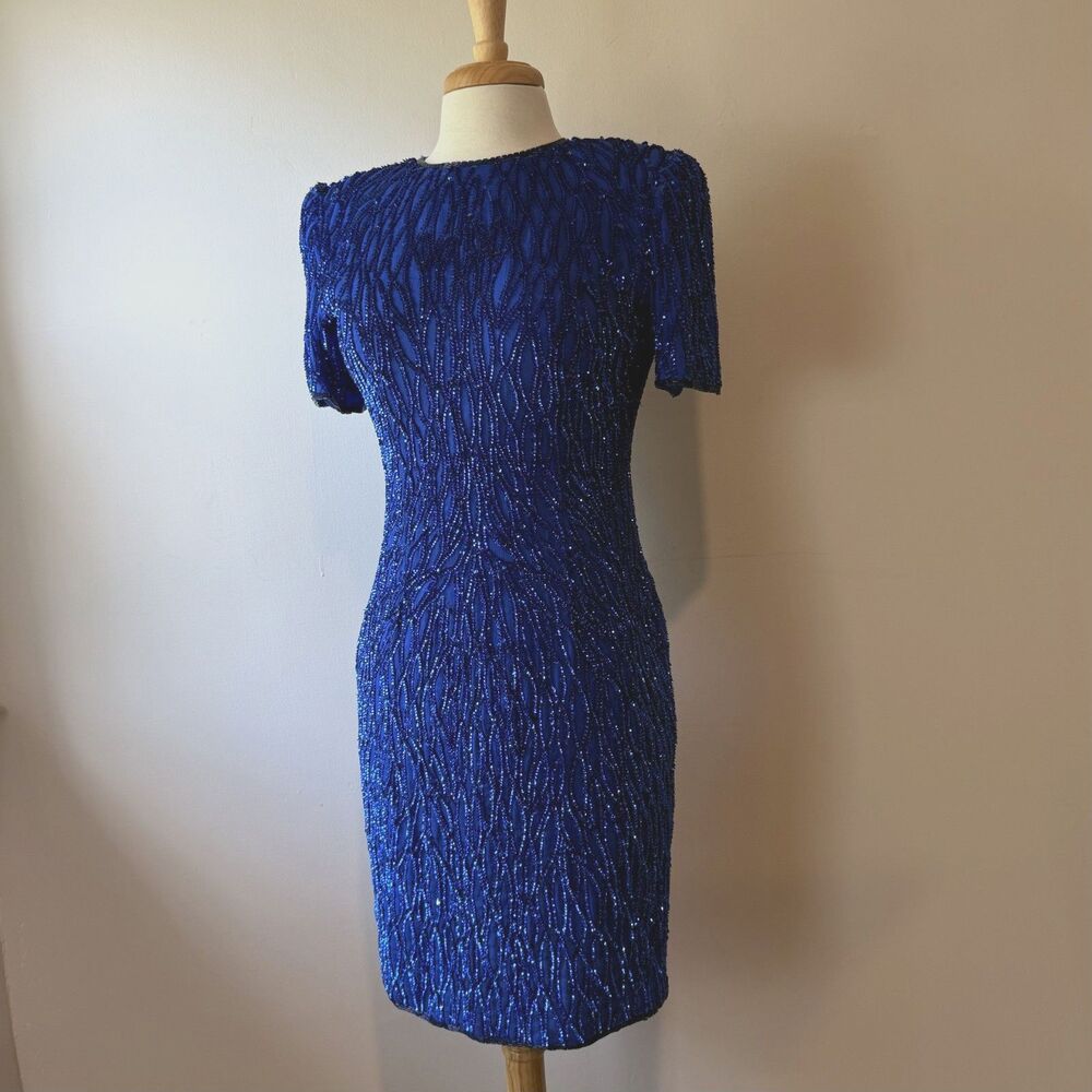 Vintage Stenay Beaded Silk Dress Blue Sequin Cocktail 90s Sheath